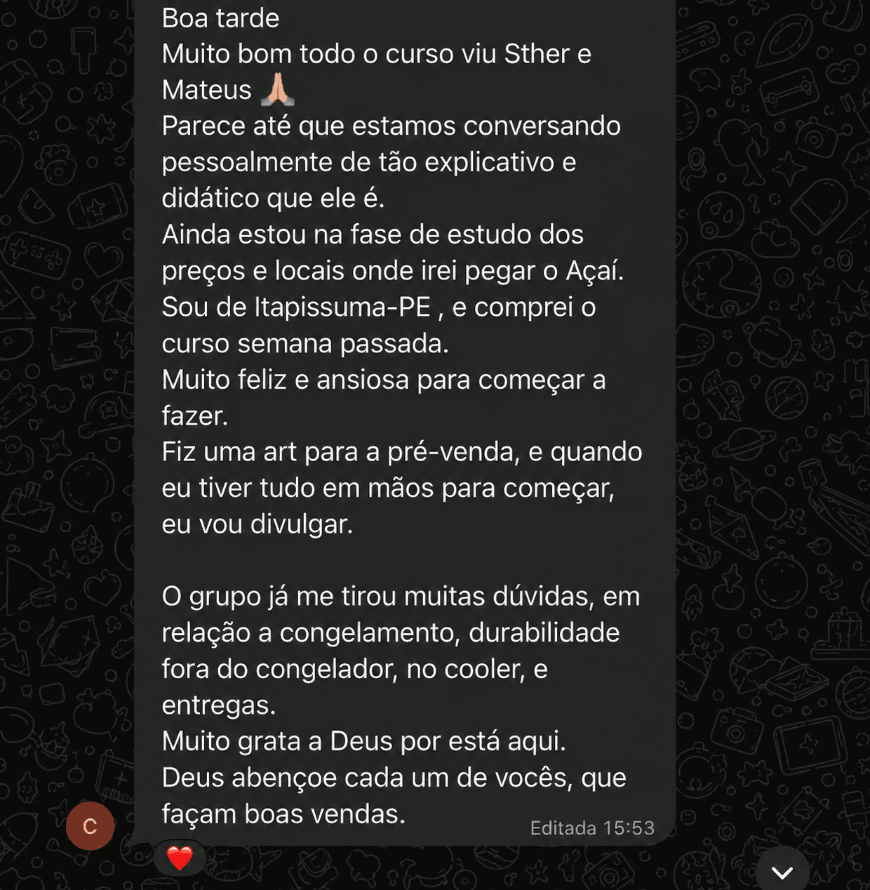 Feedback real de aluno do Método Açaí Gourmet na Garrafa Lucrativo